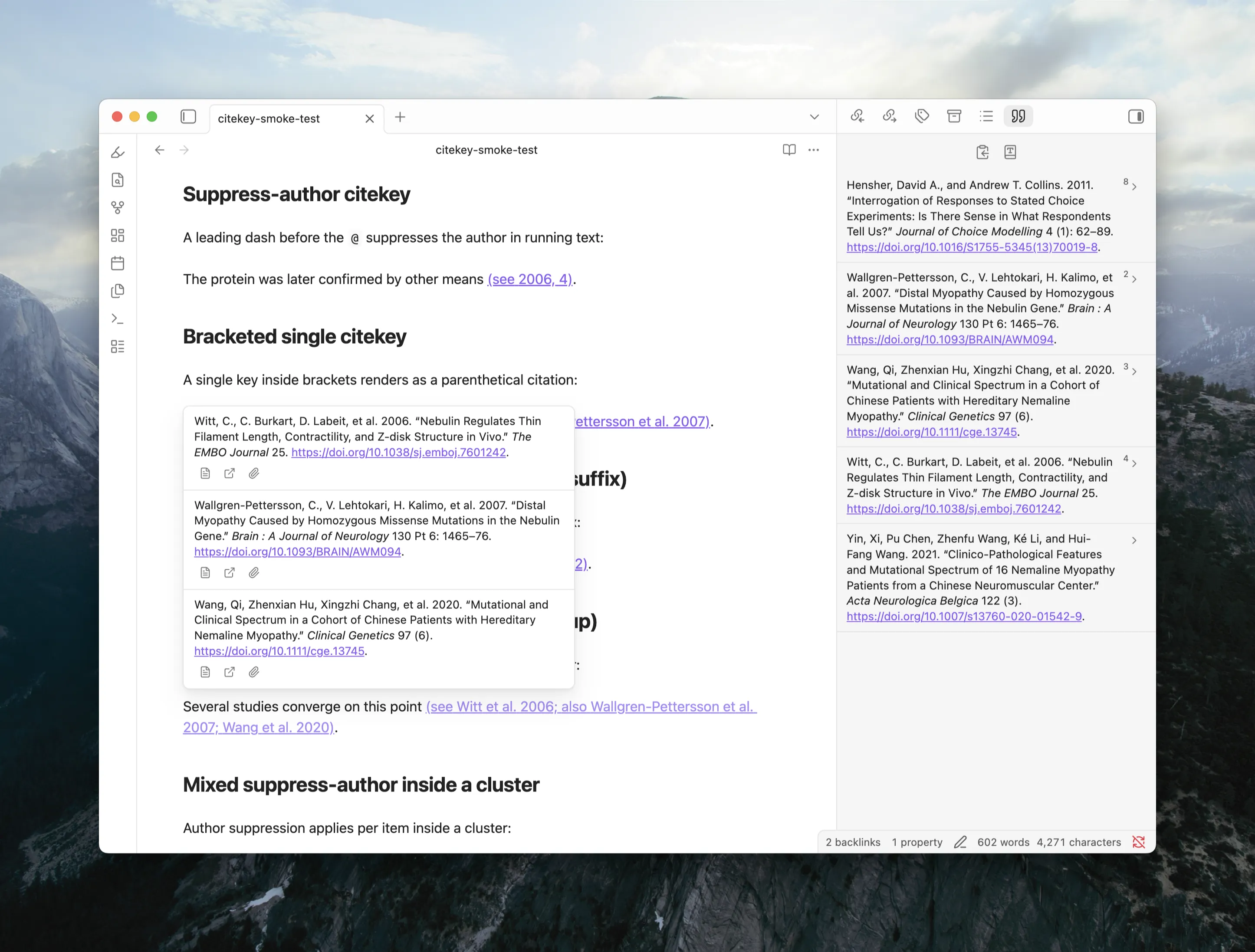 The Citation Popover showing three stacked bibliography entries with formatted text, DOI links, and action buttons for each cited item, beside the References Sidebar