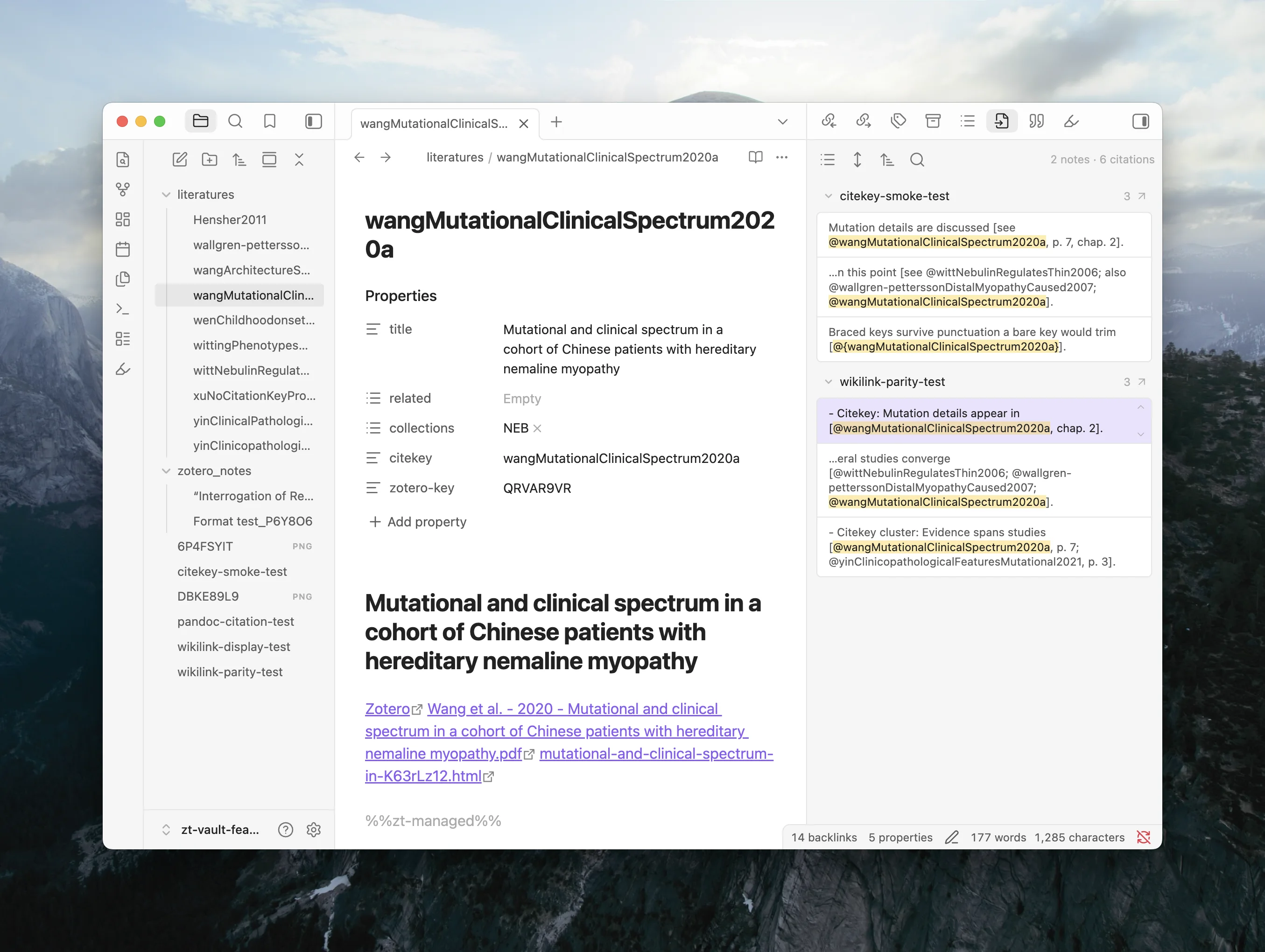 The Cited By Sidebar showing which notes in the vault cite the active Literature Note, with search-result-style excerpt cards grouped by source file