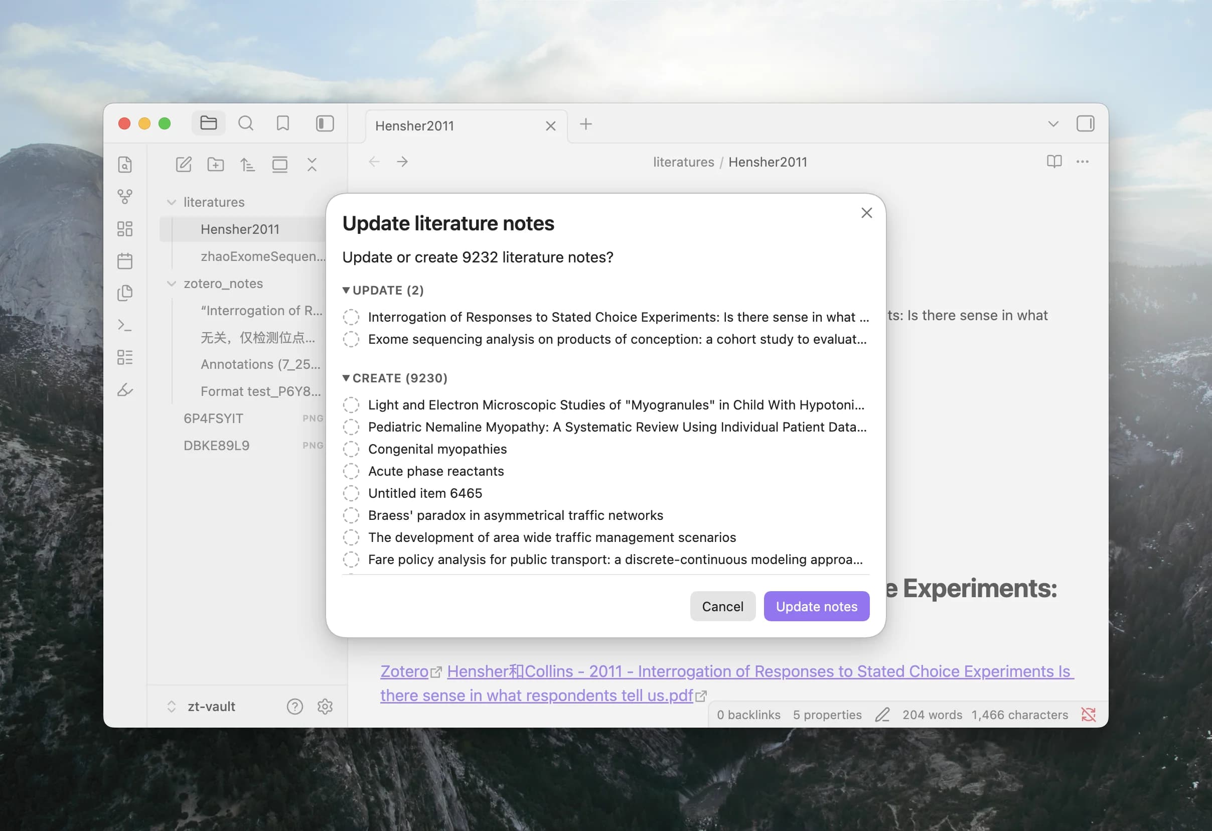 Update literature notes dialog in Obsidian listing Zotero items to update and create in bulk