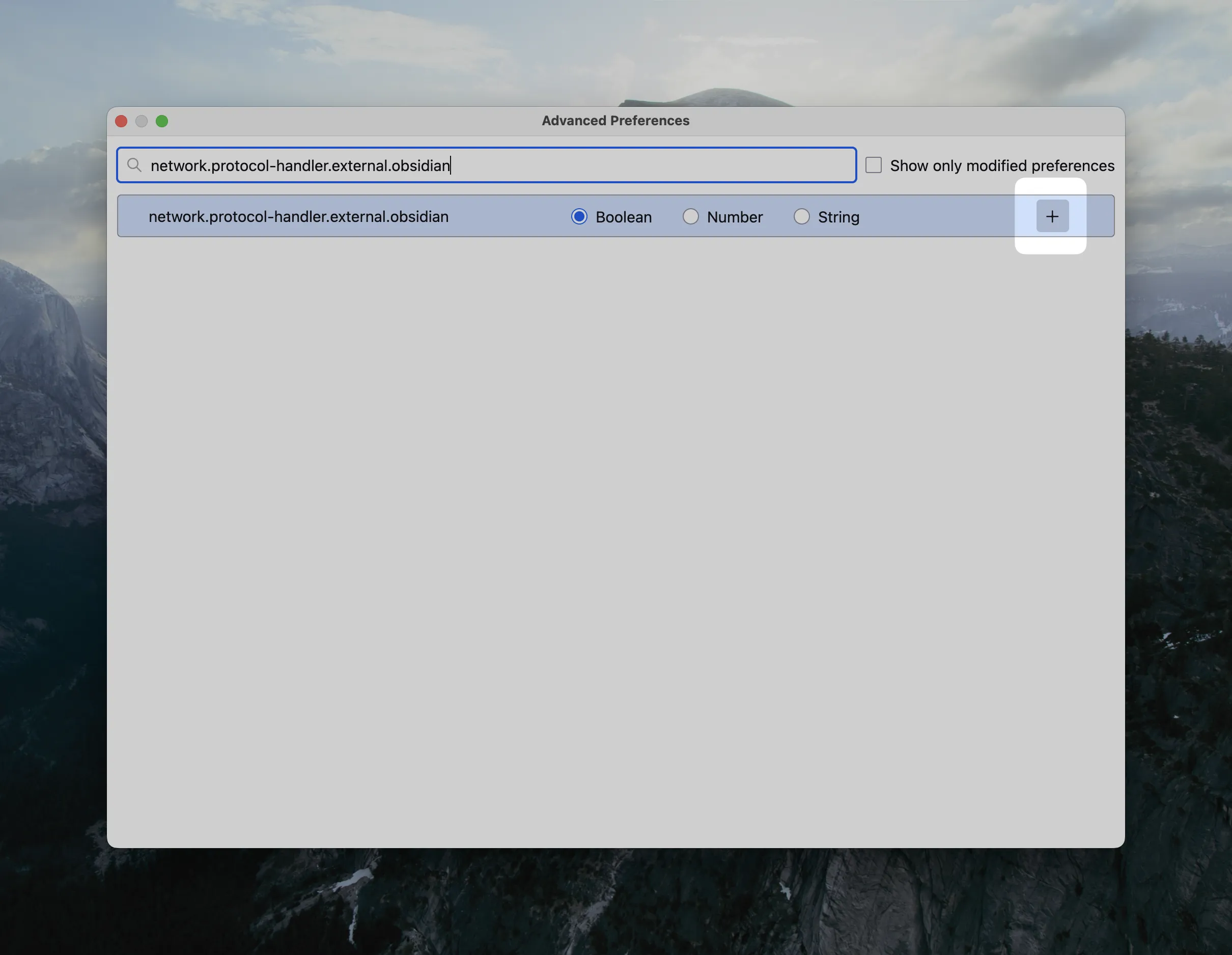 Zotero Config Editor showing the new network.protocol-handler.external.obsidian preference set to Boolean