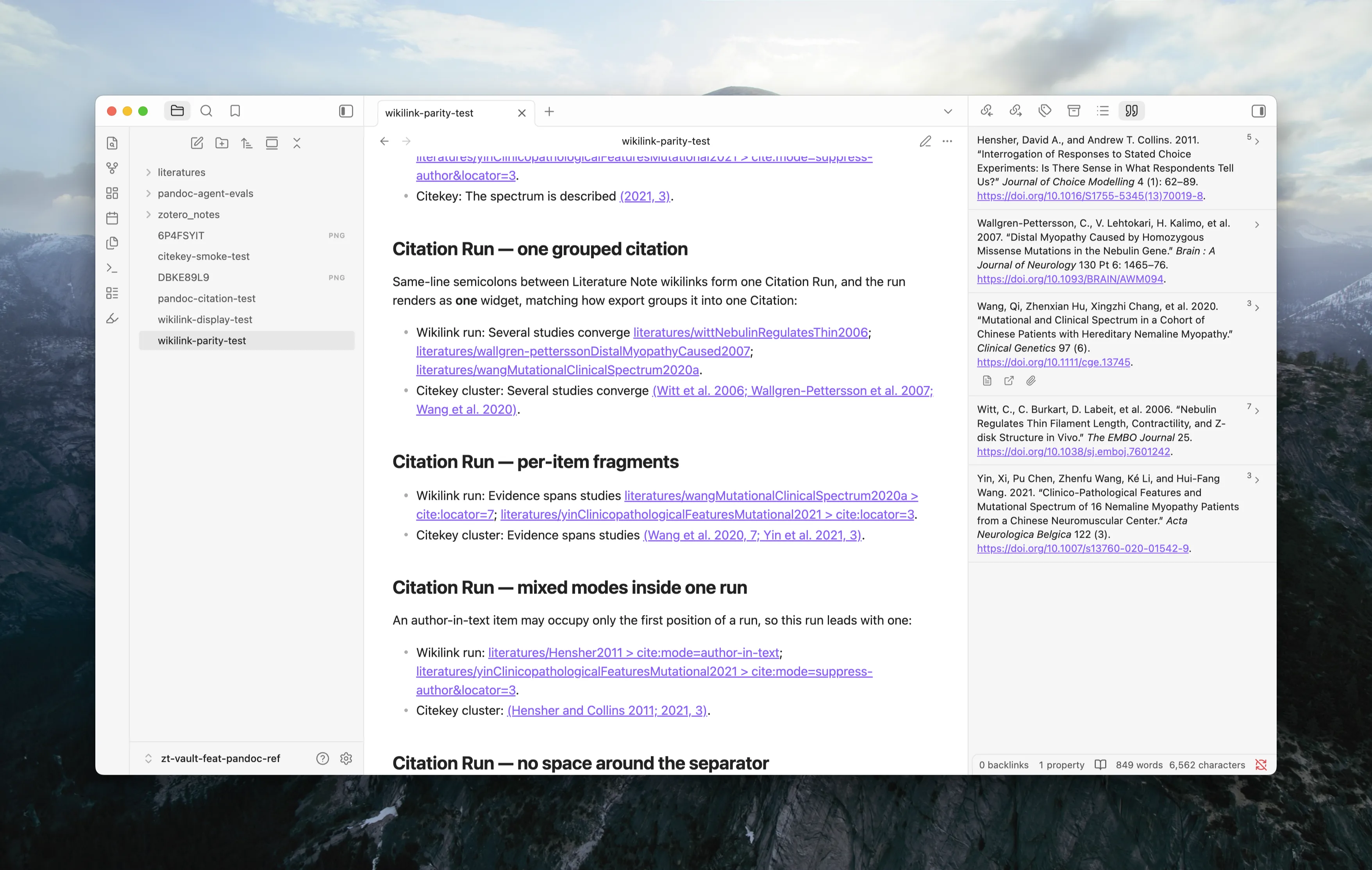 Wikilink citations to Literature Notes rendered as a formatted citation cluster in Live Preview, with the References Sidebar showing the matching bibliography entries