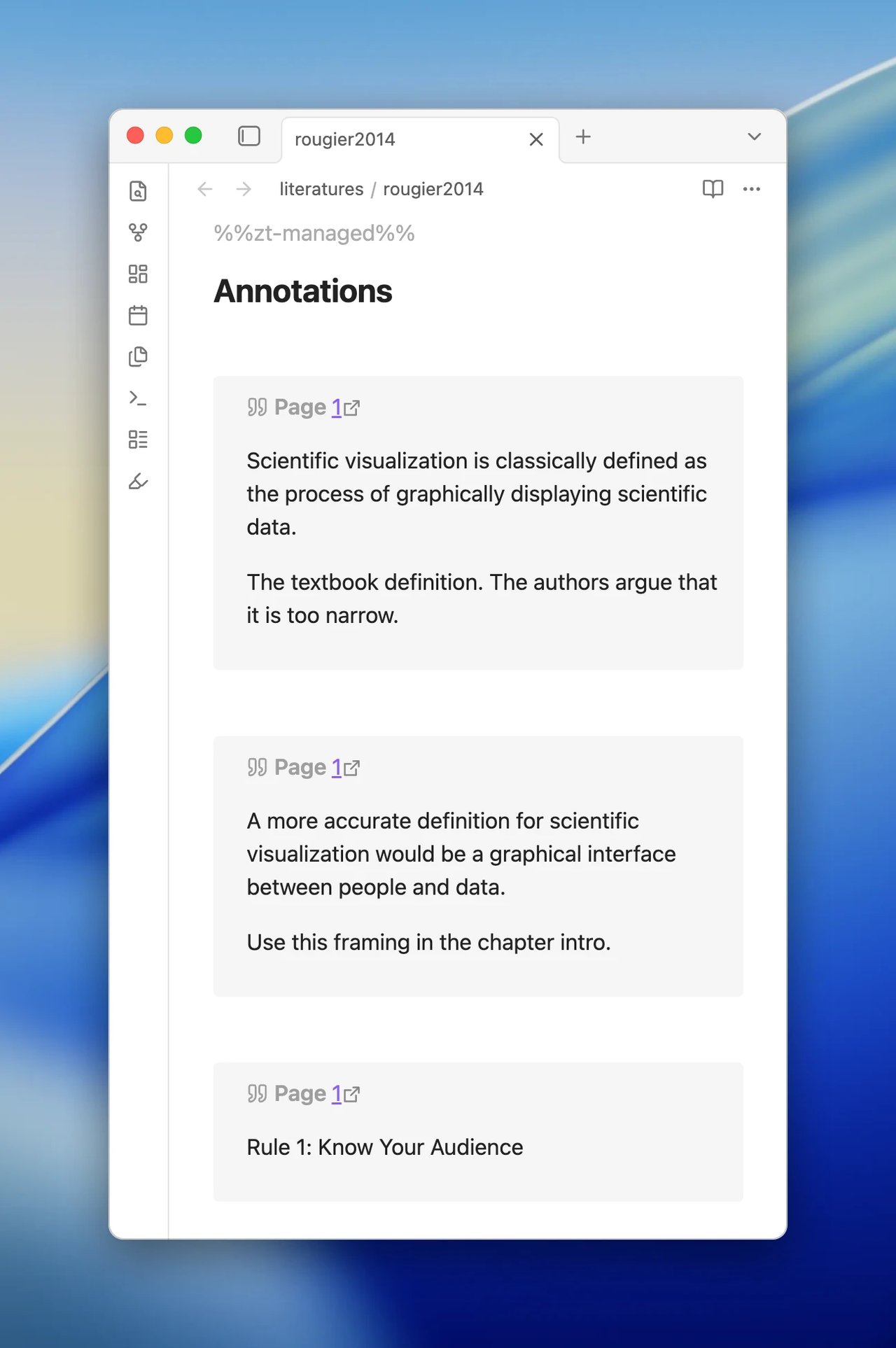 The note rougier2014 under its Annotations heading, where each highlight now shows in a quote callout with a quotation-mark icon and the title Page 1
