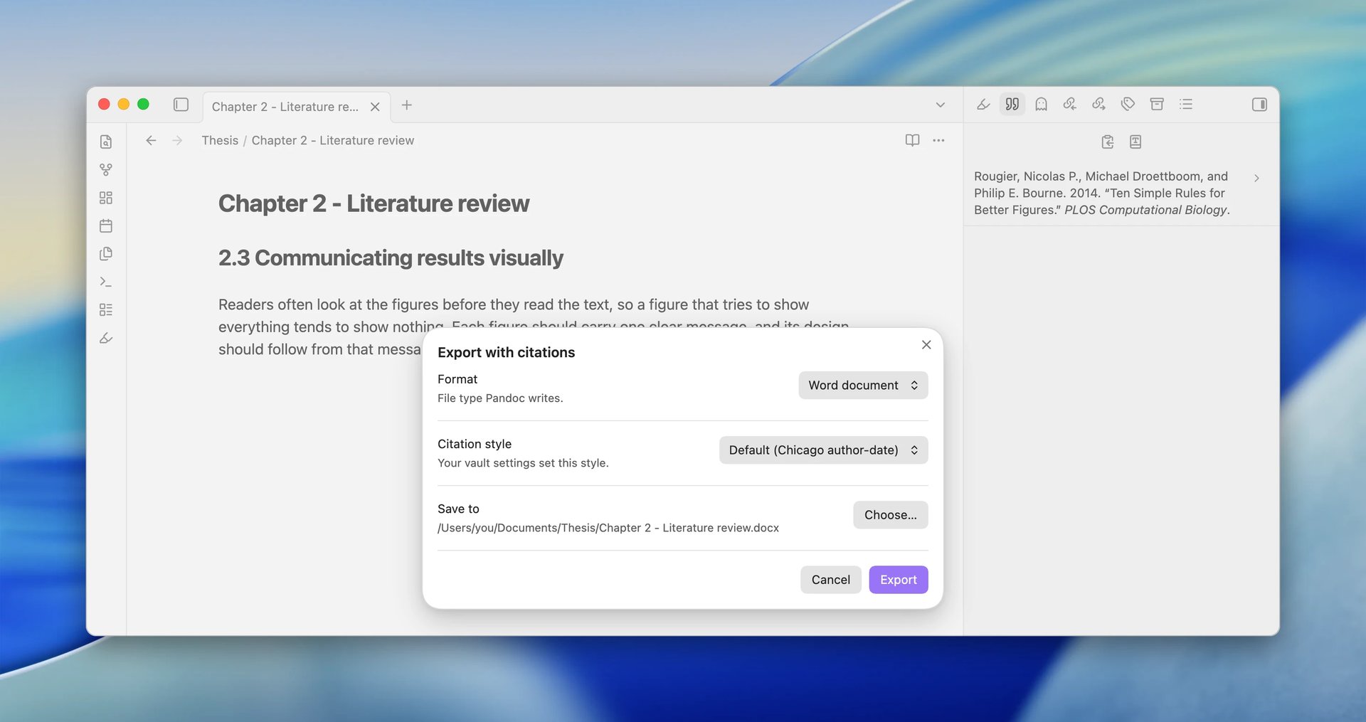 The Export with citations dialog set to Word document, with the citation style Default (Chicago author-date) and the line "Your vault settings set this style."