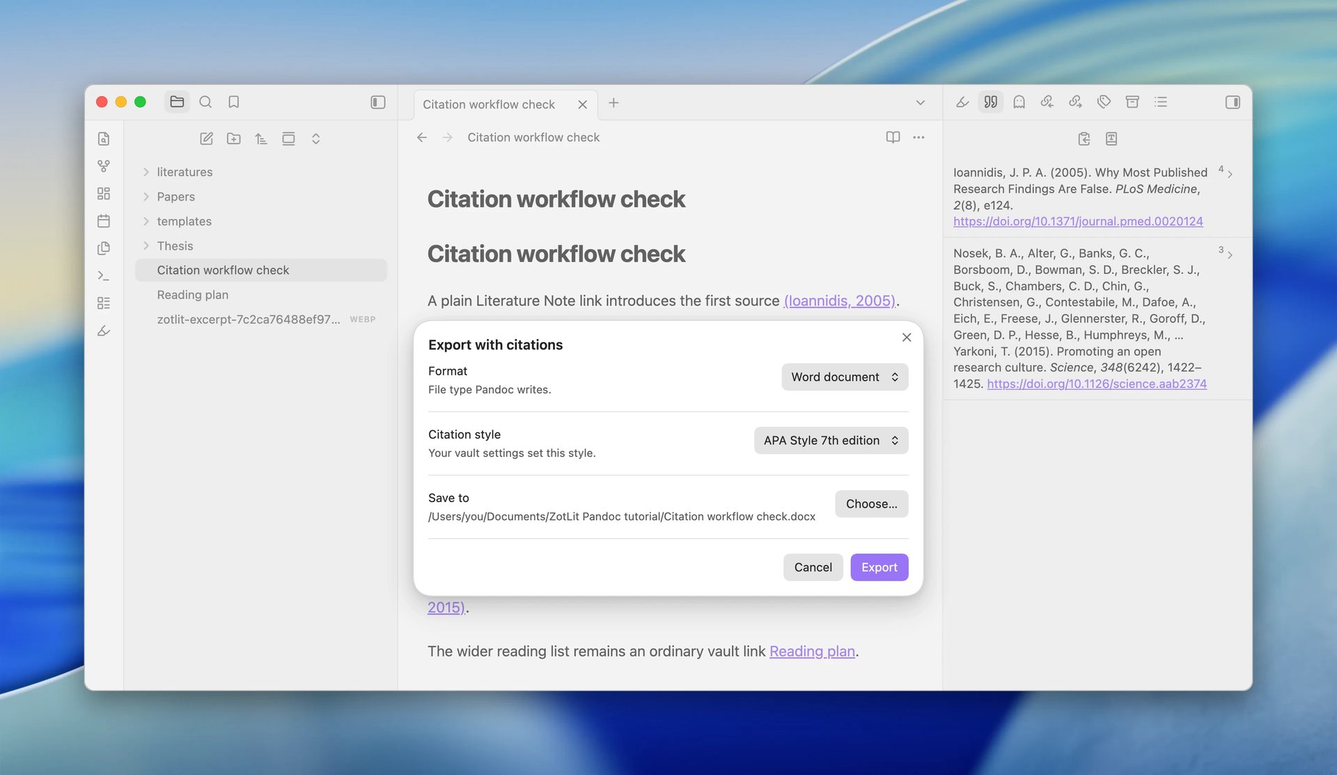 The Export with citations dialog set to Word document, with the citation style APA Style 7th edition, the line "Your vault settings set this style.", and a destination in the ZotLit Pandoc tutorial folder