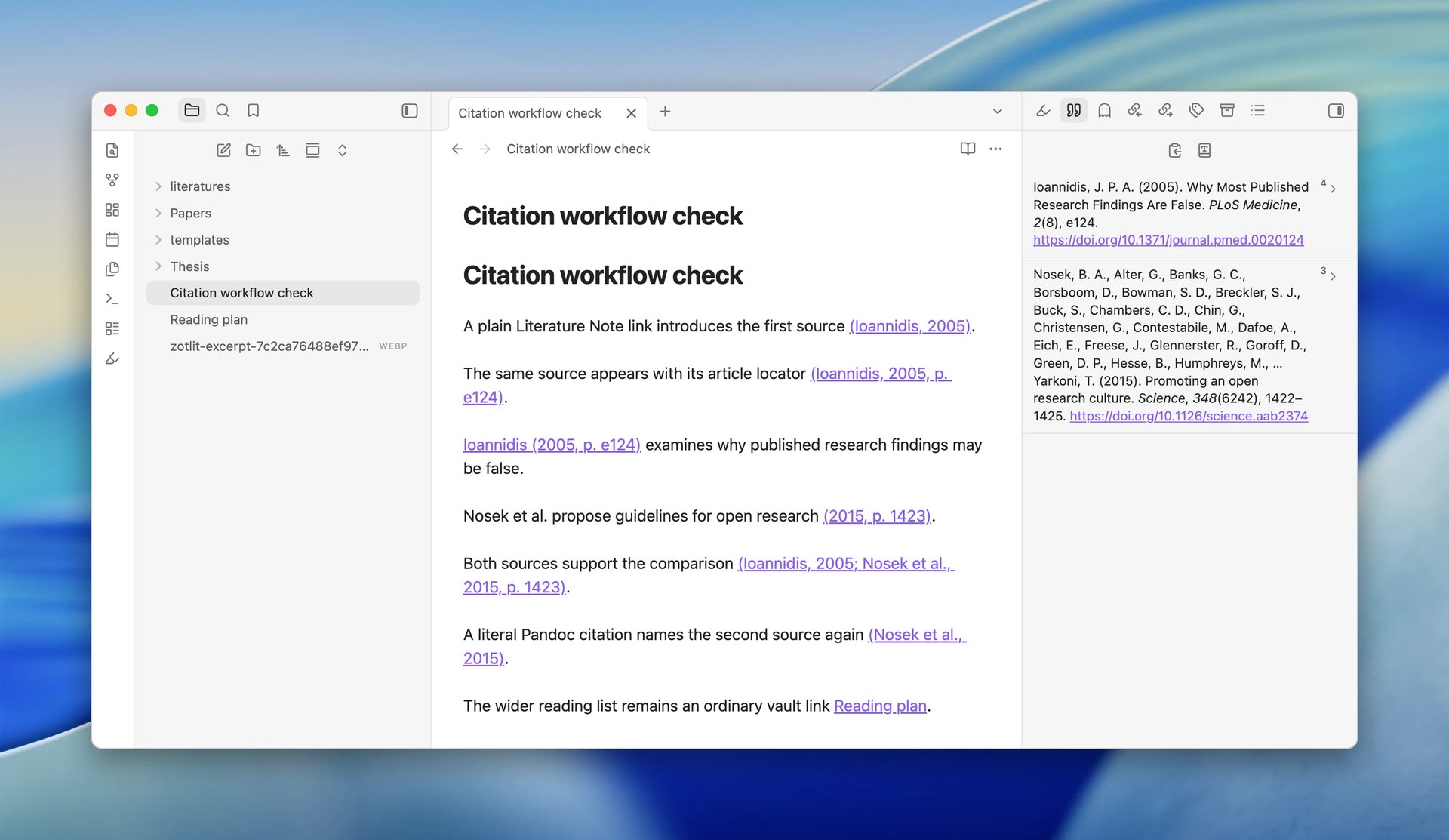 The note Citation workflow check in Live Preview with its APA citations formatted, and the References Sidebar on the right listing the Ioannidis and Nosek et al. entries