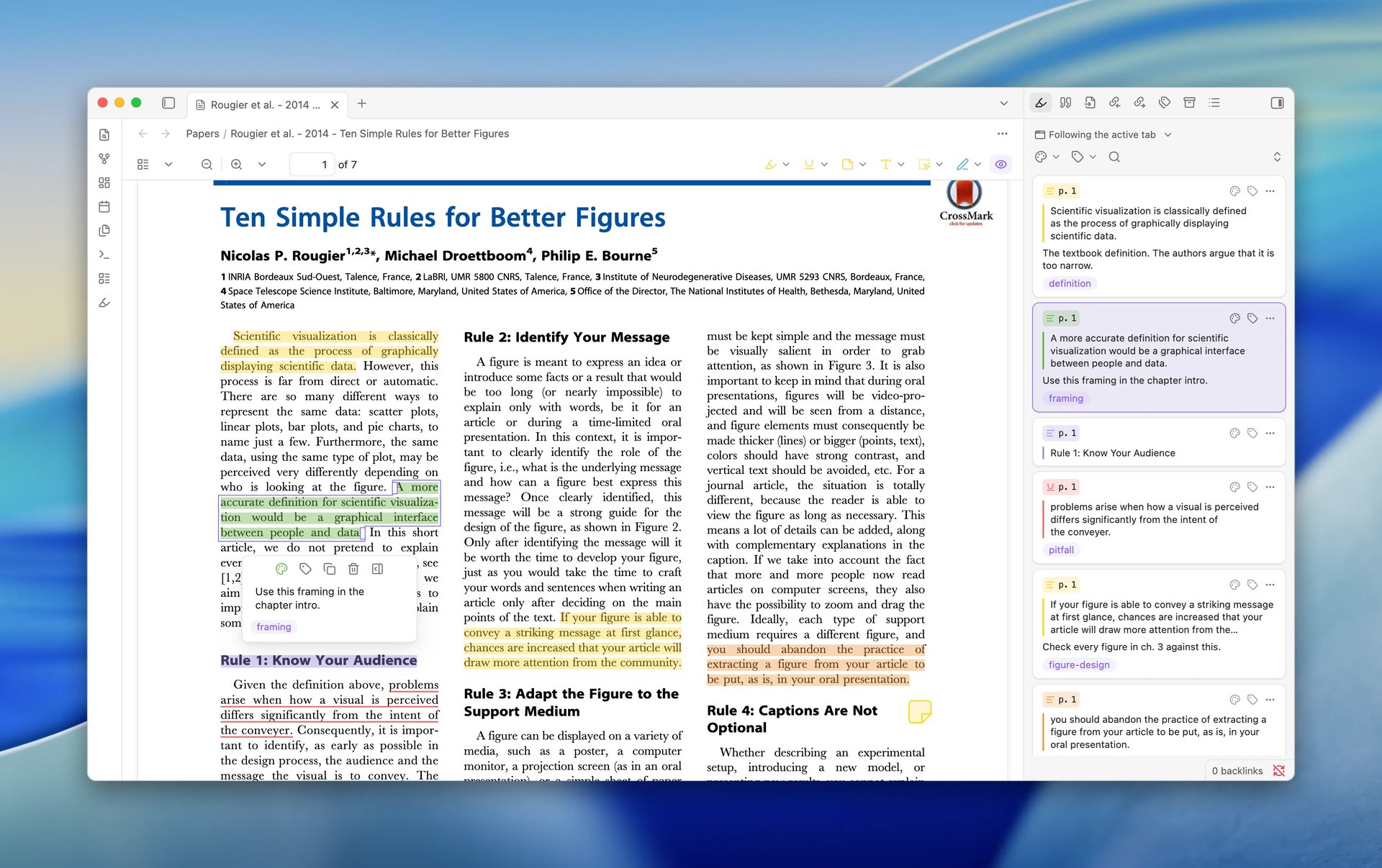 A paper open in Obsidian's PDF reader with its Zotero highlights and underlines, one highlight's popup showing its comment and tag, and the annotation view listing each annotation as a card