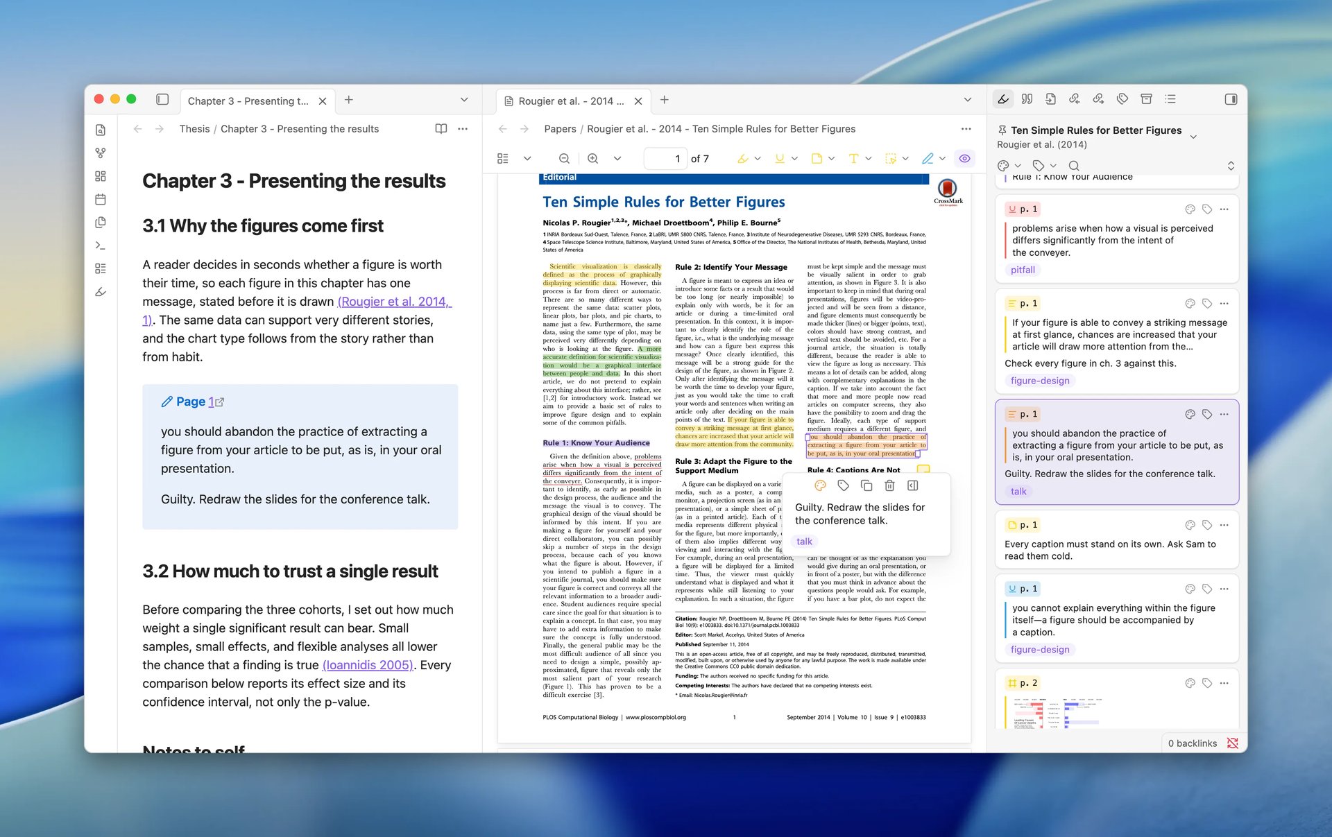 A thesis chapter note with an inserted annotation callout that links back to page 1 of the PDF, beside the PDF and the annotation view with the same annotation selected