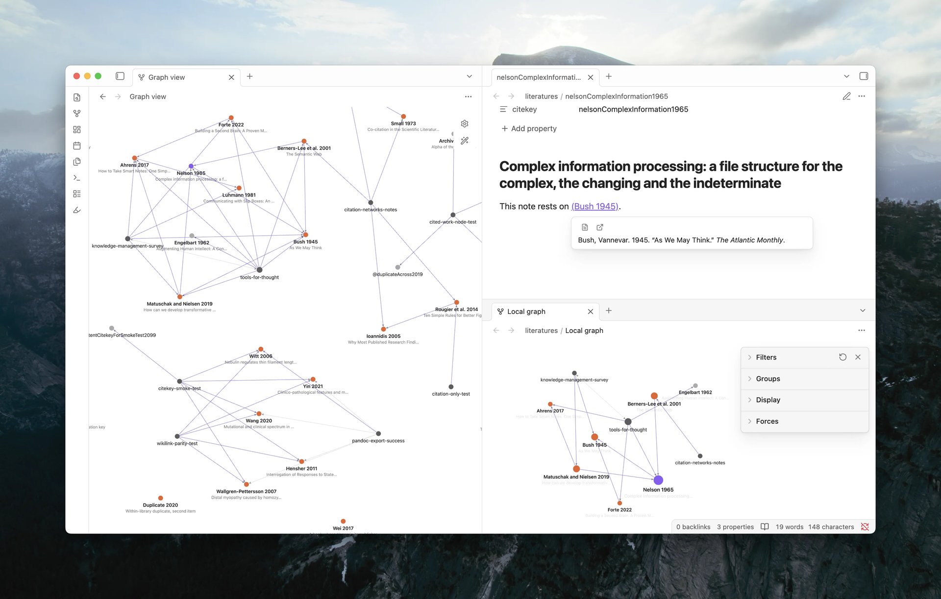 The global graph view showing citation edges linking literature notes and a dimmed Cited Work Node, beside a note's local graph and the References Sidebar