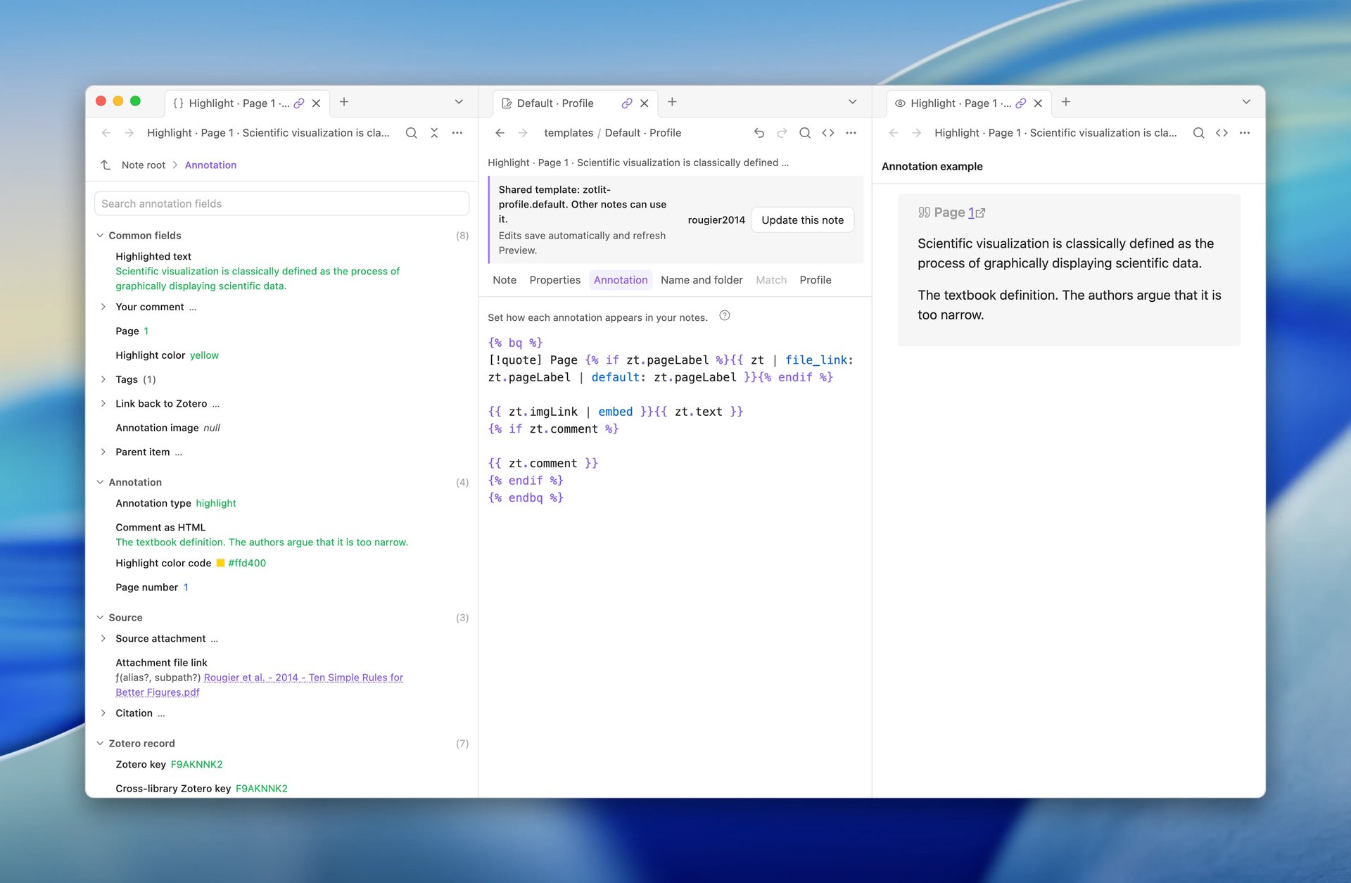 The Template Workbench window with the Annotation tab open. The callout line in the editor now uses the quote type, and the preview on the right shows the first highlight in a quote callout titled Page 1