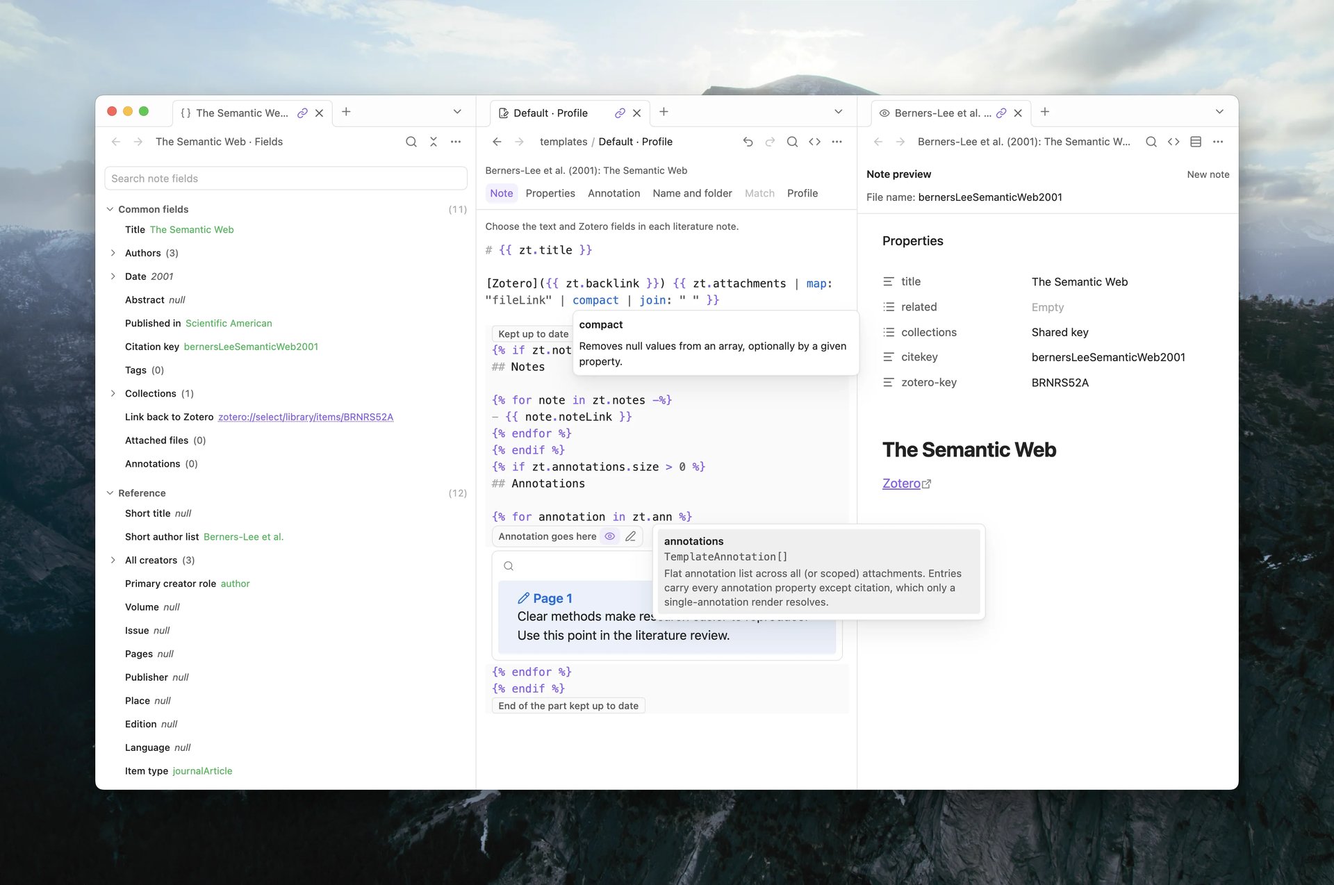 The Template Workbench layout with the Fields pane, the profile editor showing a Liquid template with a field hover card, and the Note preview pane