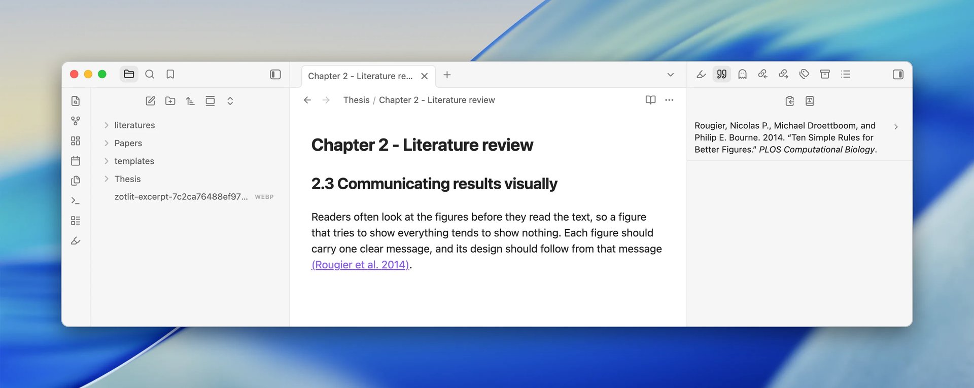 The paragraph now ends in the formatted citation "(Rougier et al. 2014)", and the References Sidebar on the right lists the full bibliography entry for the paper