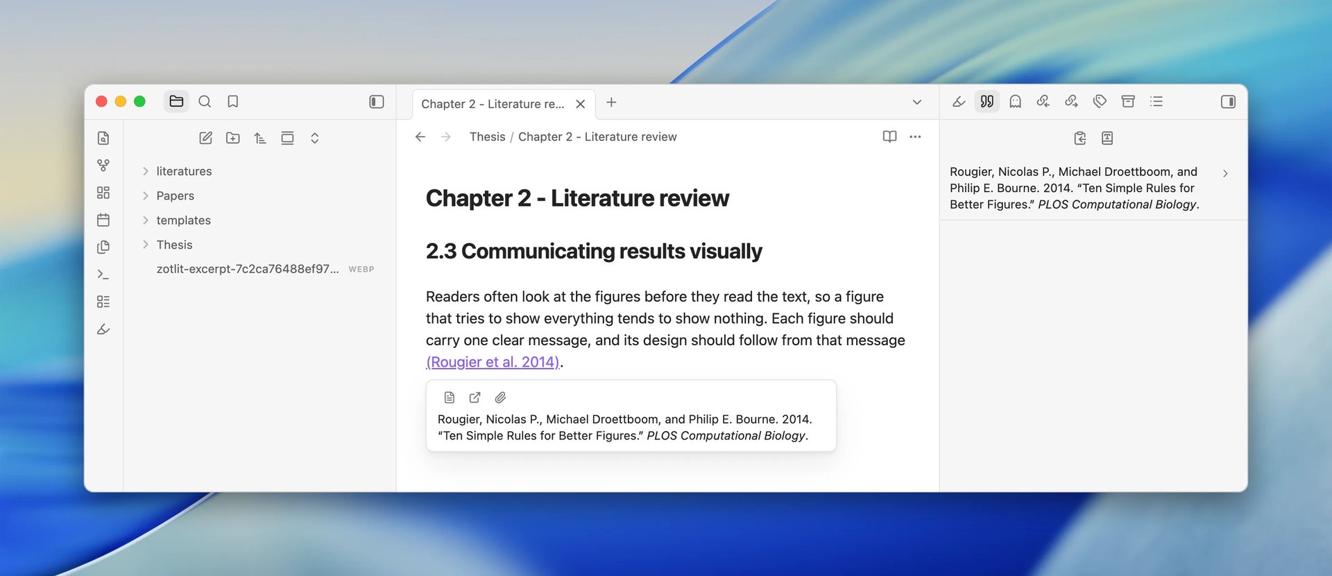 A popover below the citation "(Rougier et al. 2014)" showing the complete bibliography entry for Ten Simple Rules for Better Figures